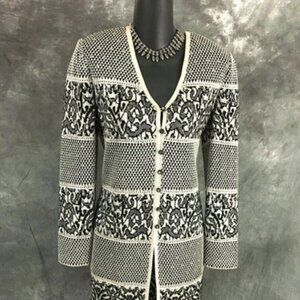 ST JOHN EVENING knit black white rhinestones paillettes skirt suit size 4